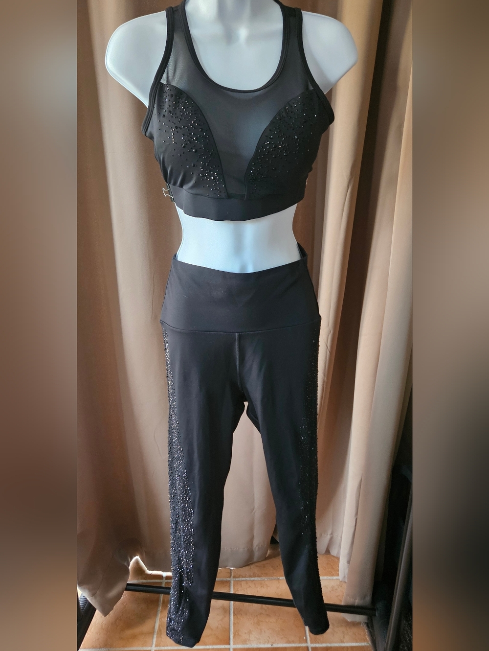 Black Mesh Crop Sports Bra, Tank Top & High-Waist Leggings Set